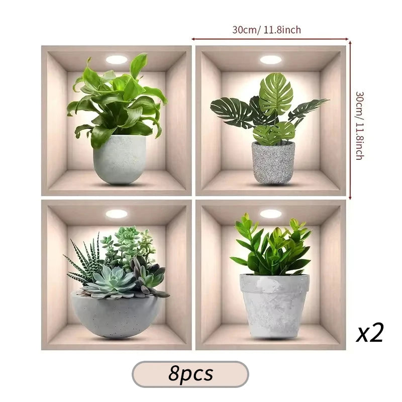 4pcs/Set Tropical Floral Plant Wall Decals Self-Adhesive Easy Apply Square Design with White Frame Green Foliage Home Decor