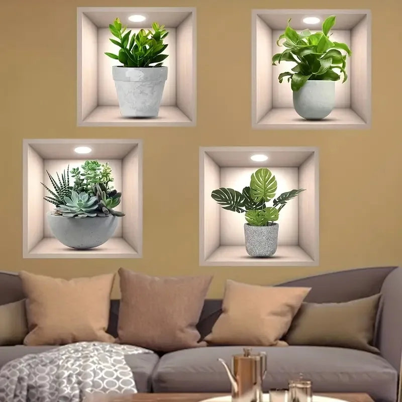 4pcs/Set Tropical Floral Plant Wall Decals Self-Adhesive Easy Apply Square Design with White Frame Green Foliage Home Decor