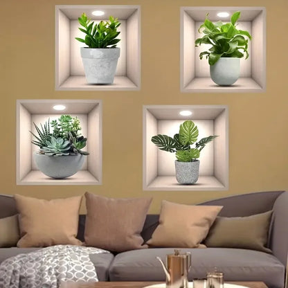 4pcs/Set Tropical Floral Plant Wall Decals Self-Adhesive Easy Apply Square Design with White Frame Green Foliage Home Decor