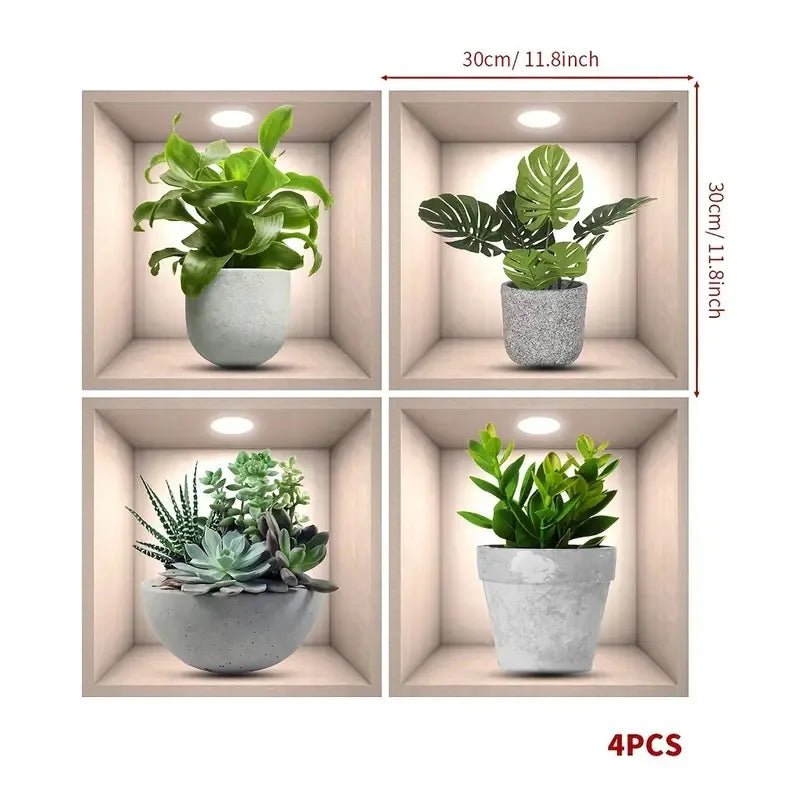 4pcs/Set Tropical Floral Plant Wall Decals Self-Adhesive Easy Apply Square Design with White Frame Green Foliage Home Decor