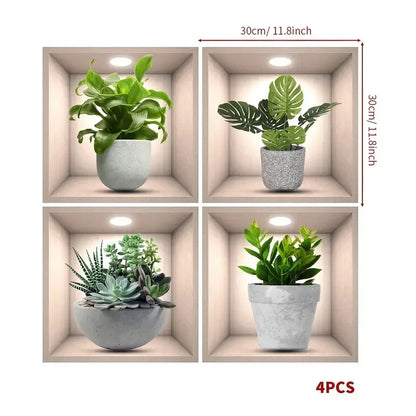 4pcs/Set Tropical Floral Plant Wall Decals Self-Adhesive Easy Apply Square Design with White Frame Green Foliage Home Decor
