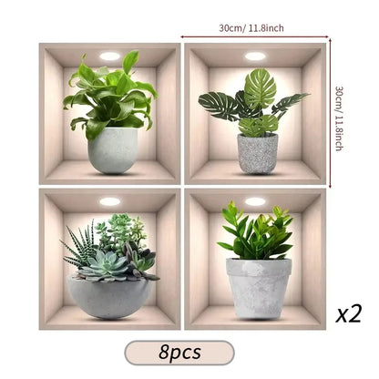 4pcs/Set Tropical Floral Plant Wall Decals Self-Adhesive Easy Apply Square Design with White Frame Green Foliage Home Decor
