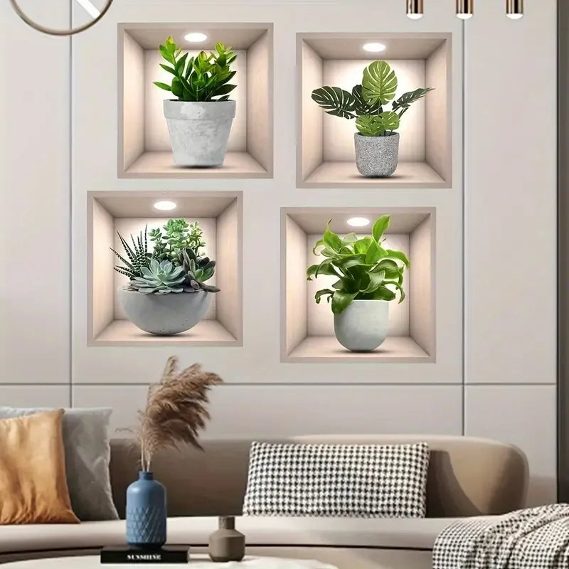 4pcs/Set Tropical Floral Plant Wall Decals Self-Adhesive Easy Apply Square Design with White Frame Green Foliage Home Decor