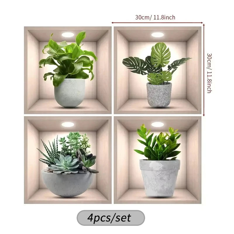 4pcs/Set Tropical Floral Plant Wall Decals Self-Adhesive Easy Apply Square Design with White Frame Green Foliage Home Decor