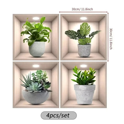 4pcs/Set Tropical Floral Plant Wall Decals Self-Adhesive Easy Apply Square Design with White Frame Green Foliage Home Decor