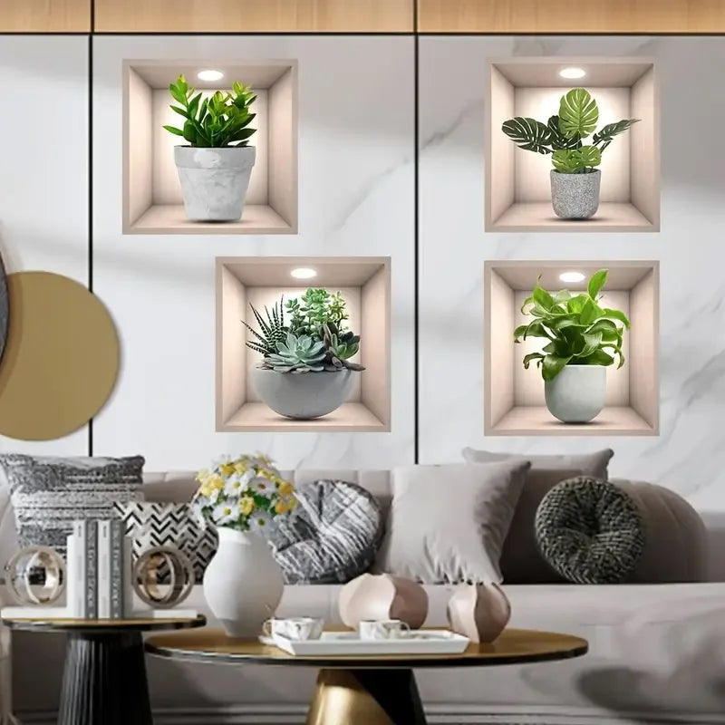4pcs/Set Tropical Floral Plant Wall Decals Self-Adhesive Easy Apply Square Design with White Frame Green Foliage Home Decor