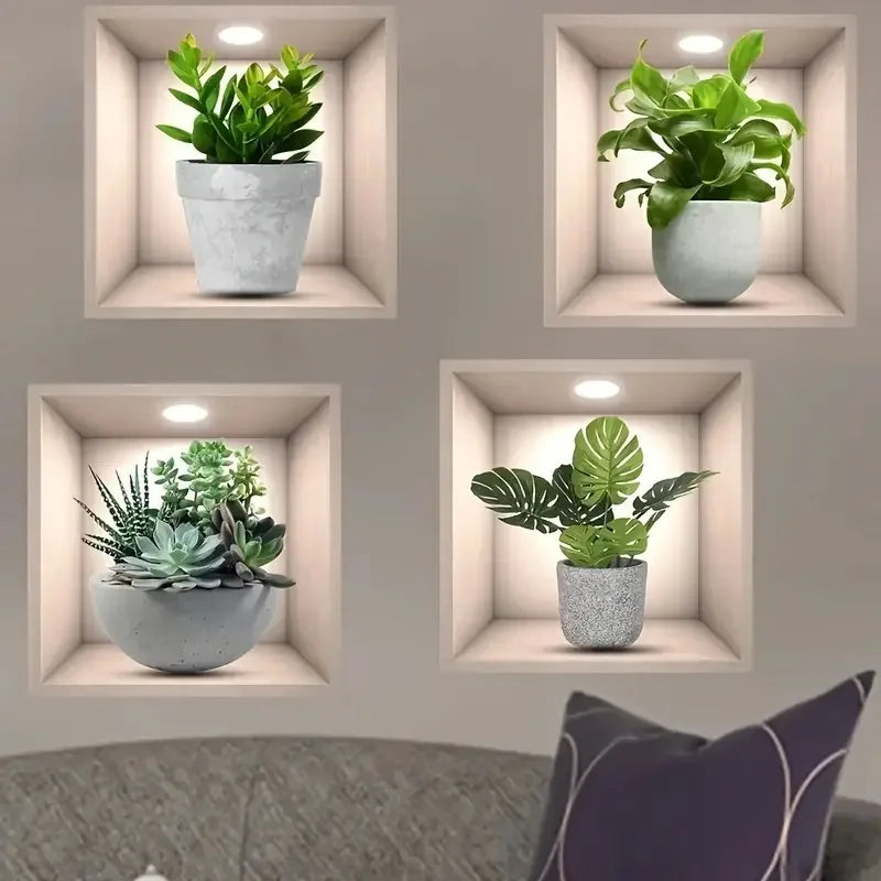 4pcs/Set Tropical Floral Plant Wall Decals Self-Adhesive Easy Apply Square Design with White Frame Green Foliage Home Decor
