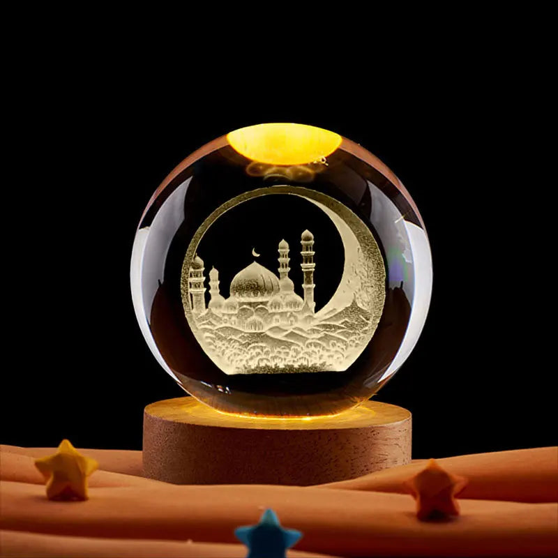 Ramadan Decoration 3D Crystall Ball Night Light Mosque Castle Moon Glowing Ornament Muslim Islam Party Decor Ramadan Kareem Gift